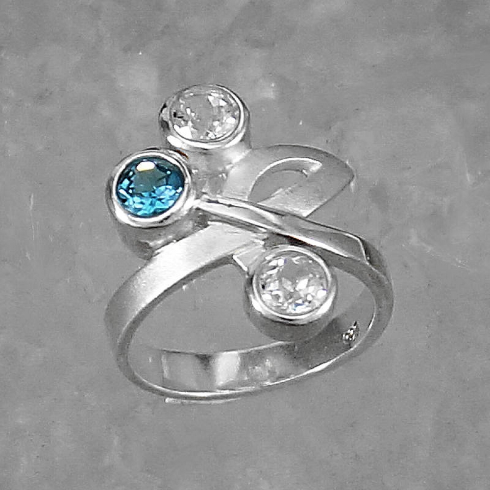 Schmuck-Michel Damen Ring Silber 925 Blautopas und Bergkristall (1250) Ringgröße 58